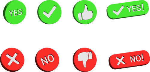 3D Yes and No icons sign collection. 3D Tick and Cross sign. 3D Right and wrong flat symbol vector.