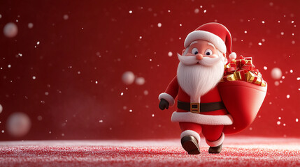 cartoon santa claus with gifts on red christmas background