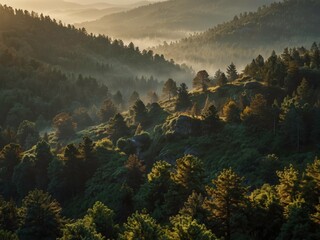 Beautiful view of misty hills and dense pine forests glowing in soft morning light