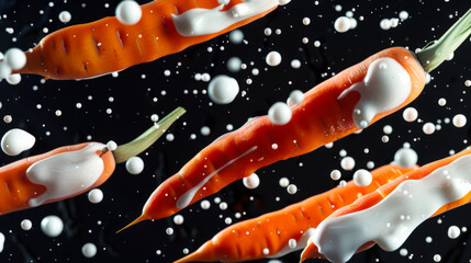 Obraz premium A few juicy orange carrots are flying through the air in drops of mayonnaise. Close-up of carrots covered with sour cream sauce. A delicious natural snack. An organic product. A vegan dish