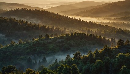 Beautiful view of misty hills and dense pine forests glowing in soft morning light