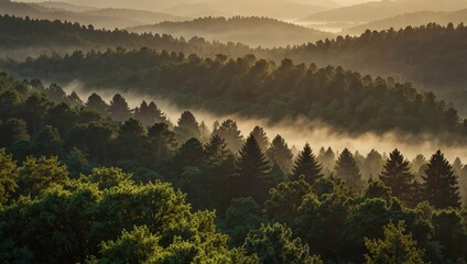 Beautiful view of misty hills and dense pine forests glowing in soft morning light