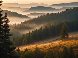 Beautiful view of misty hills and dense pine forests glowing in soft morning light