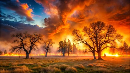 Silhouettes of trees stand tall against a fiery sunset, smoke rising from the horizon, painting the sky in hues of orange and crimson.