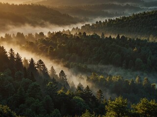 Beautiful view of misty hills and dense pine forests glowing in soft morning light
