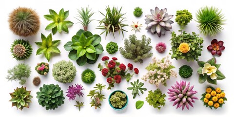 Aerial View of Isolated Plants and Flowers for Landscape Design, Architecture Plans, and Creative Projects - Top View Botanical Elements on White Background