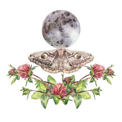Watercolor magic moon with moth and flower clover isolated on white background. Hand-drawn night luna light and star for sticker or wallpaper. Boho style for wrapping. Astrology object on sky clipart