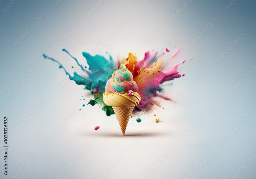 Poster a colorful explosion of paint surrounds a single ice cream cone with sprinkles.