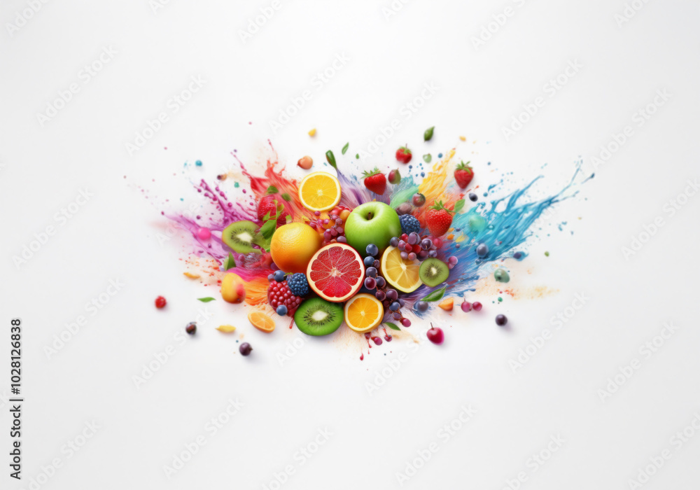 Poster a colorful explosion of fresh fruit with splatters of colorful paint.