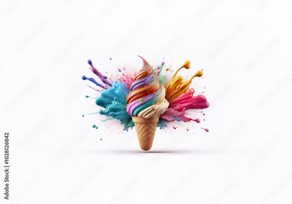 Poster an ice cream cone surrounded by a vibrant explosion of colorful paint splatter.