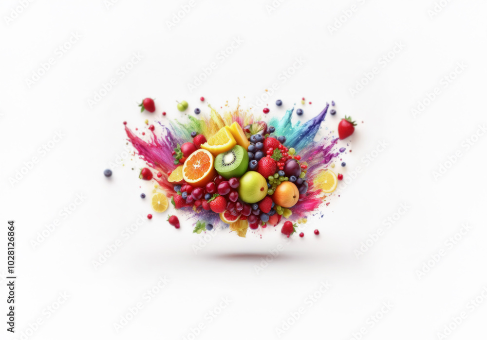 Poster An assortment of colorful fruits arranged on a white background with a rainbow splash of color behind them.