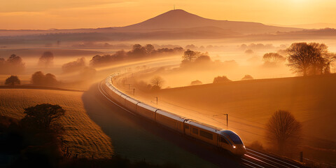 Trem passando por uma paisagem campestre c&ecirc;nica