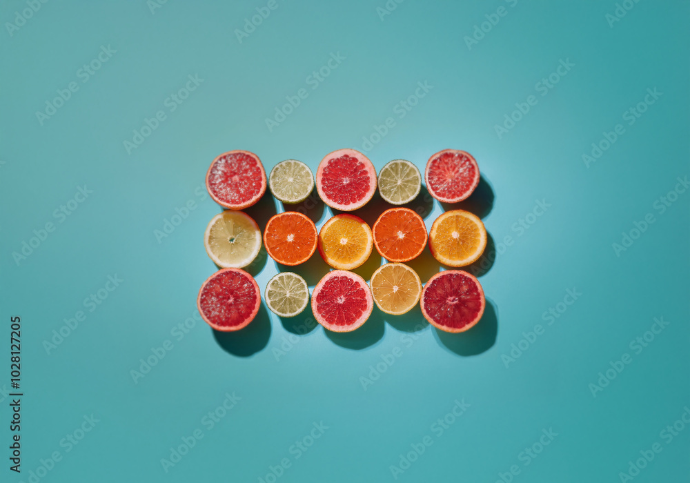 Poster citrus fruits arranged in rows on a turquoise background.