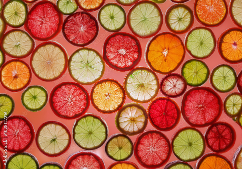 Poster circular slices of citrus fruits arranged on a pink background.
