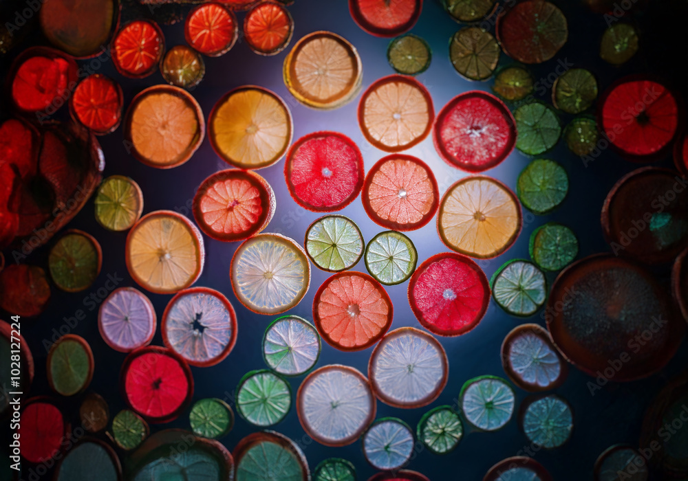 Aufkleber citrus fruit slices, backlit, arranged in a circular pattern.