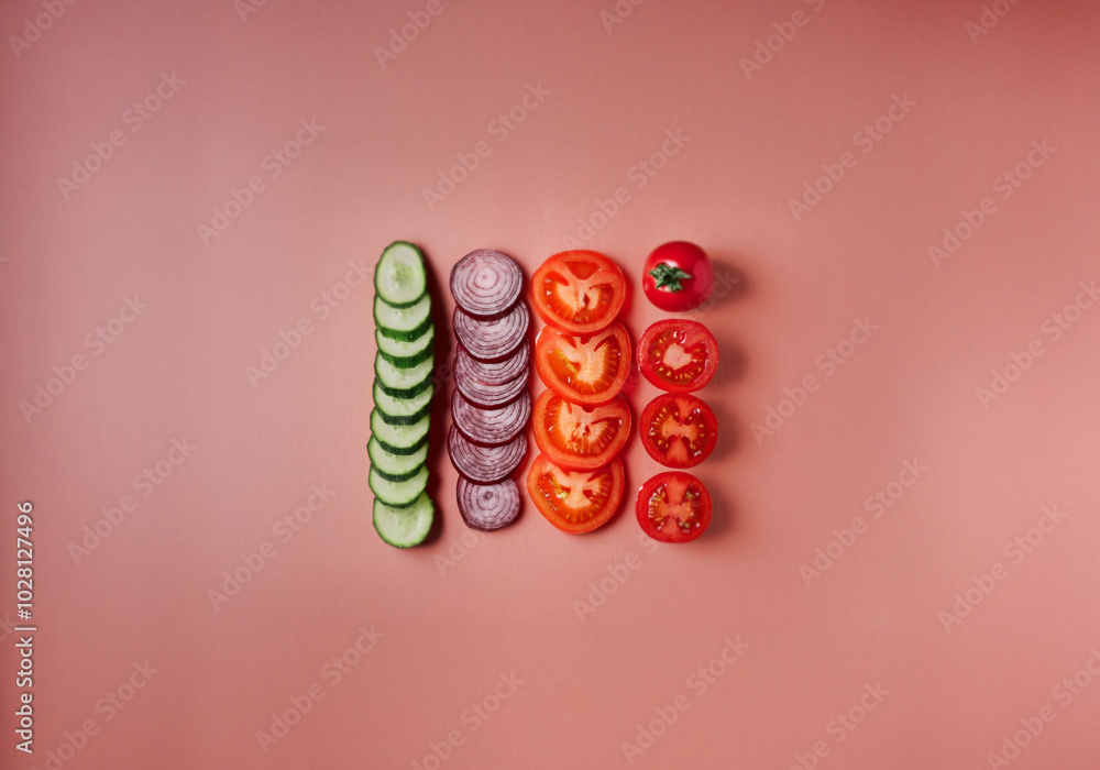 Poster sliced cucumber, red onion, and tomato arranged in rows on a pink background.
