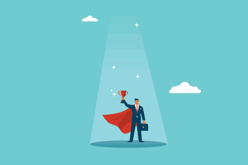 businessman superhero standing confident holding trophy with shining spotlight