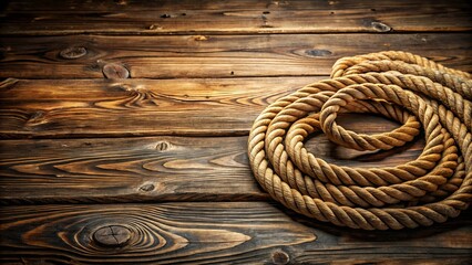 Fototapeta premium A weathered nautical rope lies coiled on a rustic wooden plank surface, hinting at tales of adventure and exploration.