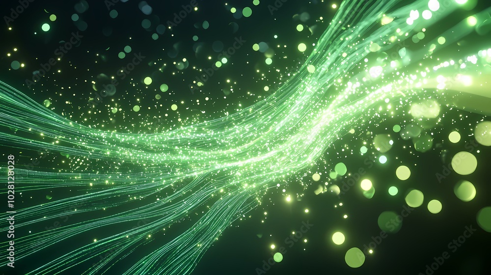 Poster it is an abstract background with green lines and bokeh lights in the shape of circles.