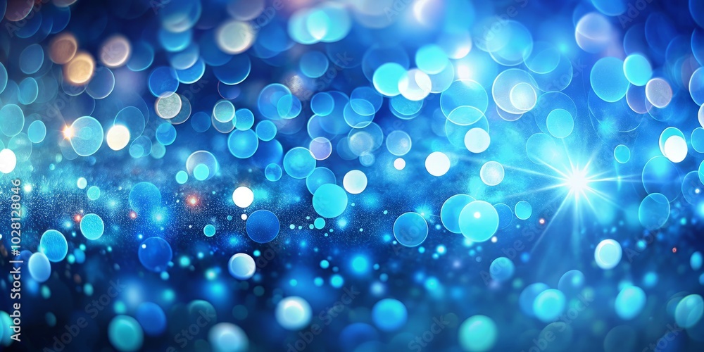 Poster an abstract background featuring blue bokeh circles and radiant light flares, creating stunning visu
