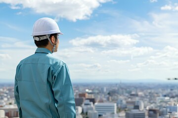 男性、ヘルメット、後ろ姿、建設事業、電気設備事業、青空、コピースペース