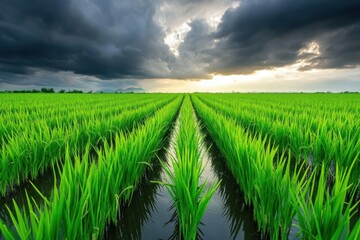 Lush green rice field under stormy sky at sunset