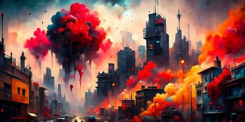 Fototapeta premium Black and Red Explosion of Watercolor Paints in Urban Settings, Abstract Art with Vibrant Colors, Perfect for Urban Exploration Photography and Creative Backgrounds