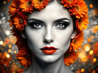 Black and White Close-Up Portrait with Orange Floral Accents and Abstract Patterns in Bokeh Effect