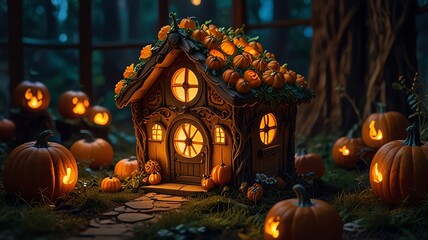 Obraz premium the pumpkin house is on display at night.