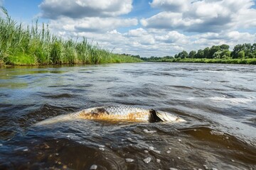 Obraz premium Dead fish floating in river with reeds