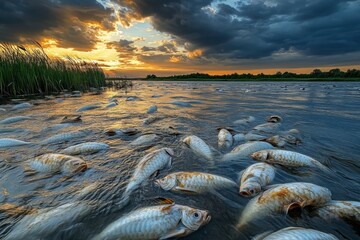 Mass fish die-off in polluted river at sunset