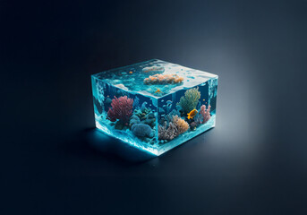A cube filled with clear blue water, showcasing vibrant coral reefs and a single yellow fish.