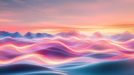 Obraz premium The image shows an abstract landscape with soft, flowing lines of light in pink, orange, and blue hues against a pastel sunset sky.