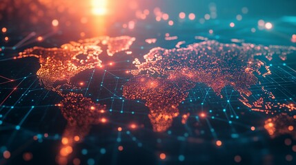 A digital world map with glowing points and lines
