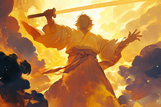 Susanoo Raising a Radiant Katana High to the Sky &ndash; A Powerful Symbol of His Immense Strength and Resolve, Capturing the Essence of a Brave Warrior in Japanese Mythology