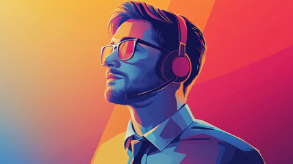 A young man wearing a headset engages in virtual communication with vibrant colors around him