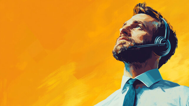 A focused customer service representative engaged in a call against a vibrant orange background