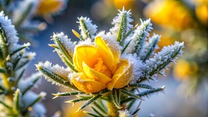 A delicate yellow flower blooms amidst a frosting of winter, its petals catching the light as if kissed by the sun.