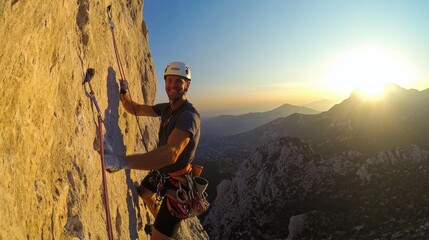 rock climber selfie on vertical ascend