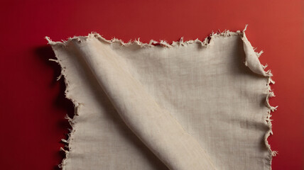 Fototapeta premium A torn piece of old fabric with frayed edges on a vibrant red background