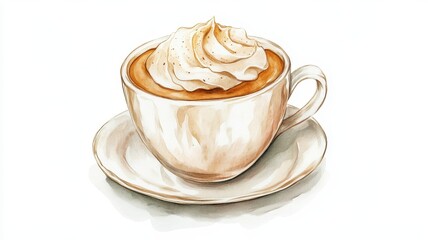 Cappuccino coffee in the cup,cream latte,Hand drawn underwater element design,underwater element design,Illustration for greeting cards,menu cafe,winter drink,space for text.