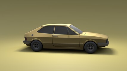 Cool looking old fashion car, side view studio render on yellow background. Modern car design. 3d illustration.