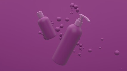 Elegant cosmetic bottles flying in the air on purple background with floating spheres. Modern cover design. 3d illustration.
