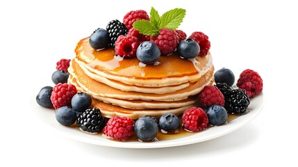 Pancakes stack with different berries and honey isolated on white background. 