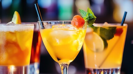 Elegant Bar Counter with Assorted Cocktails, Sophisticated Mixology, Inviting Drink Menu.