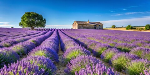 Fototapeta premium A rustic farmhouse nestled amidst a sprawling field of vibrant purple lavender, creating a serene and idyllic landscape.