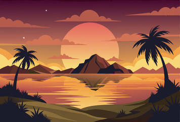 Tropical Sunset Beach Vector Illustration - Palm Trees and Ocean Scene

