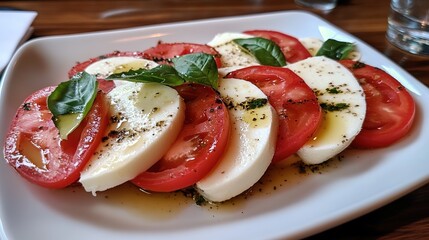 Fresh Caprese Salad: Vibrant Tomato and Mozzarella with Basil, Classic Italian Starter.