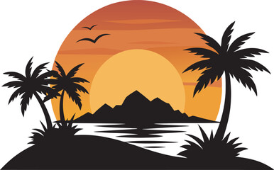 Obraz premium Tropical Sunset Beach Vector Illustration - Palm Trees and Ocean Scene