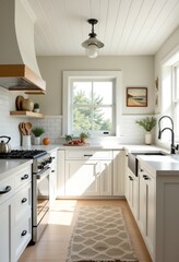 Fototapeta premium Elegant Coastal Kitchen Design: White Cabinets, Sandy Tones, and Bright Accents for a Relaxed Vibe